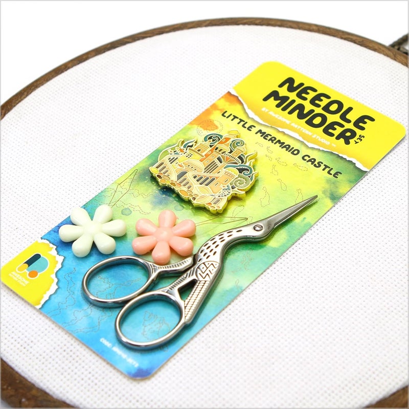Awesome Pattern Studio Needle Minder Set - Little Mermaid Castle Magnetic Needle Minder + 2 Needle Threaders + Crane Scissors. Enamel Pin for Cross Stitch, Embroidery and Craft - Image 2